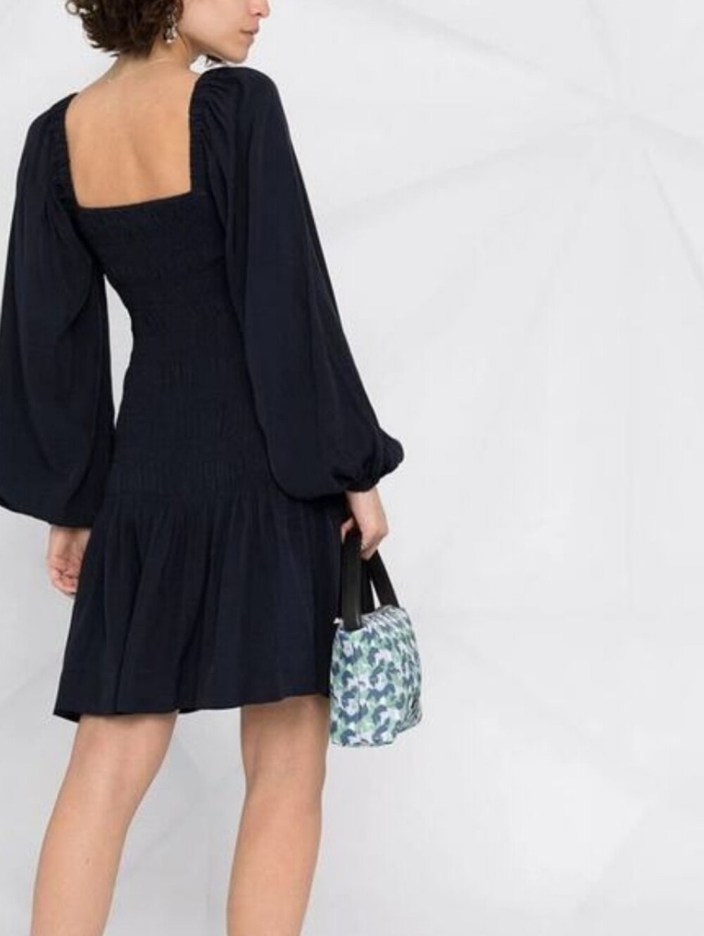 GANNI Ripstop Navy Smocked Mini Dress Puff Peasant Sleeve Square Neck SZ 34 US 4 - Picture 3 of 13